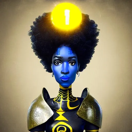 Prompt: Beautiful black woman with curly afro standing tall and slim with yellow leather armor long neck and shaped like a lightbulb. She wears blue boots. Eyes shaped like marbles and skin tone is black and white 