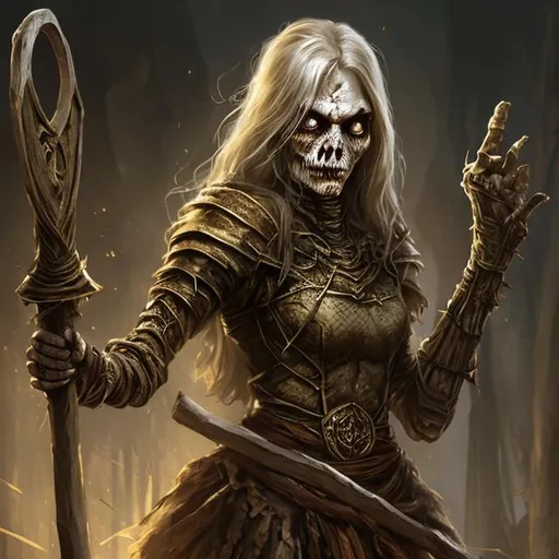 Prompt: Full body splash art of a sweet, youthful, female undead zombie sorceress, mummified face, blue eyes, very long dark blonde hair with thin curtain bangs, skinny, wearing long pastel colored dress, carrying a wooden staff, D&D, dnd, fantasy, highly detailed, sharp focus, digital painting, artstation, 4k, 8k