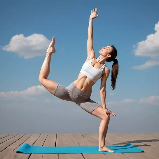 Prompt: limber athletic, brunette lady stretching to sky doing yoga, full body, reaching