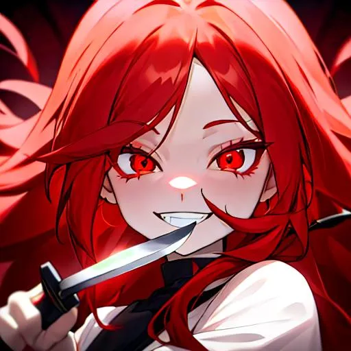 Prompt: Haley (long bright red hair) 8k, UHD, smiling sadistically, eyes wide open, holding the knife in her mouth, close up