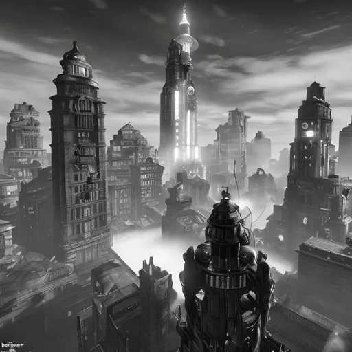 Prompt: monochrome, bioshock infinite floating cities, bioshock columbia, scifi, sky, high in air, female statues, hr geiger