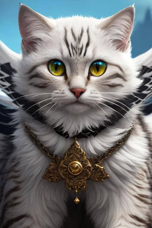 Prompt: winged cat, (masterpiece), (best quality:1.2), (intricate detail), dynamic angle, looking at viewer, (1male), ((solo)), (((full body))), (slender), (((tabaxi))), (((white fur))), ((blue pupils)), (((light armor))), black armor, ((cloak)), mysterious, ((ominous expression))