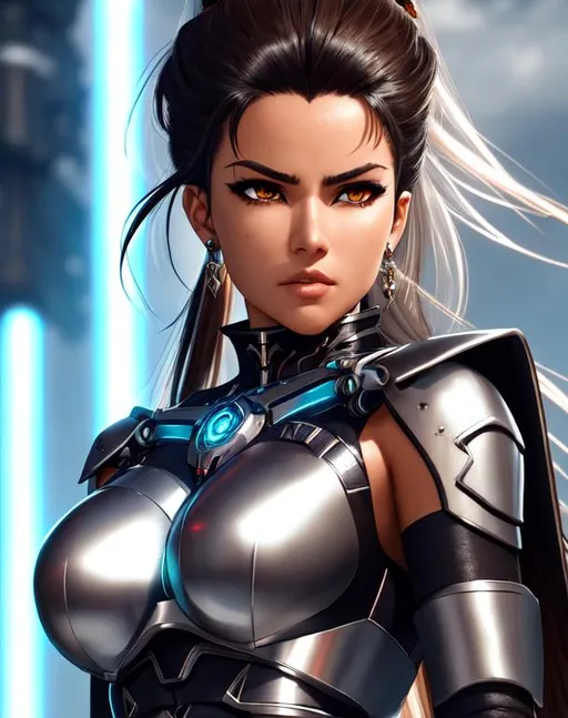 Prompt: Isabela Merced, 17 years old cyborg, wearing silver cybernetic ninja gear, sleeveless, sheathed katana, glowing left eye, determined, fierce, hero, dirty, dramatic, human, cinematic lighting, caustic, in outdoor villiage,  ethereal, jewelry set balayage wild hair, brown eyes, ethereal, jewelry set,stunning, royal vibe, highly detailed, digital painting, Trending on artstation , HD quality, tan skin,artgerm, by Ilya Kuvshinov