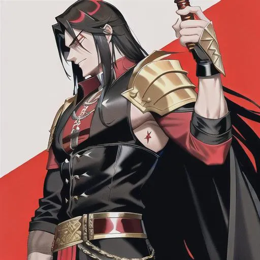 Prompt: a king wearing red and black clothes, metal clothes on his shoulder, a long sword in his right hand, he possess mighty pose, he bears long black hairs, he is very handsome and having muscular body 