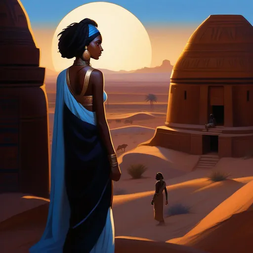 Prompt: Third person, gameplay, ancient Nubian girl, dark skin, curly brown hair, brown eyes, blue atmosphere, desert, Meroe at night, cartoony style, extremely detailed painting by Greg Rutkowski and by Henry Justice Ford and by Steve Henderson 