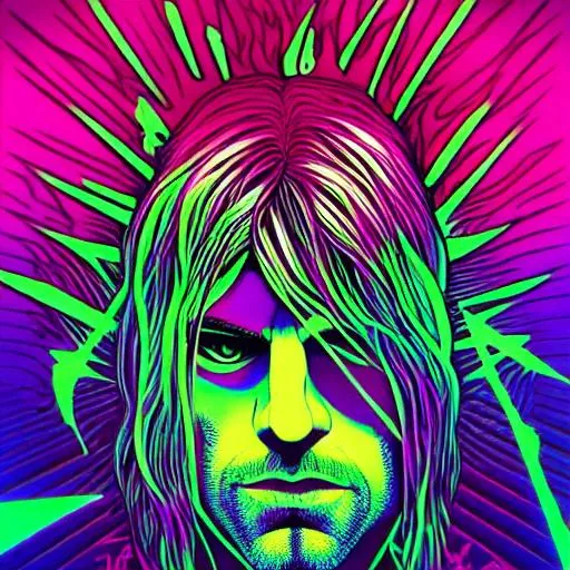 Prompt: Hypnotic illustration of Kurt Cobain, hypnotic psychedelic art by Dan Mumford, pop surrealism, dark glow neon paint, mystical, Behance