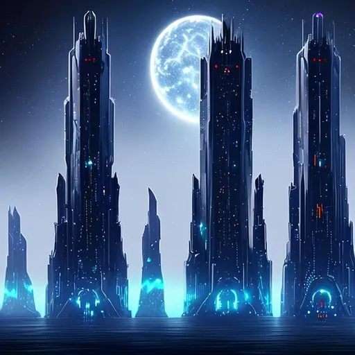 Prompt: Futuristic Tall black towers on deep dark ocean dark sky spaceships night lights hover ships dark tall city