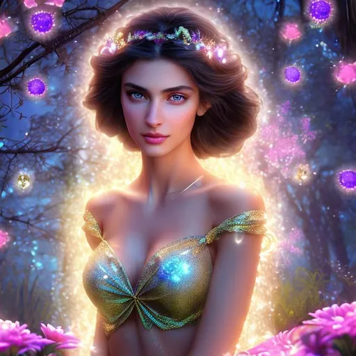 Prompt: HD 4k 3D 8k professional modeling photo hyper realistic beautiful young woman ethereal greek goddess of hope
shiny black hair ponytails blue eyes gorgeous face pale skin beautiful shimmering grecian top and skirt flower crown holding flowers full body surrounded by magical glowing light hd landscape background inside a jar with glowing sprites and fireflies