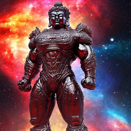 Prompt: ruby armored bodybuilding buddha, widescreen, infinity vanishing point, spiral galaxy nebula background