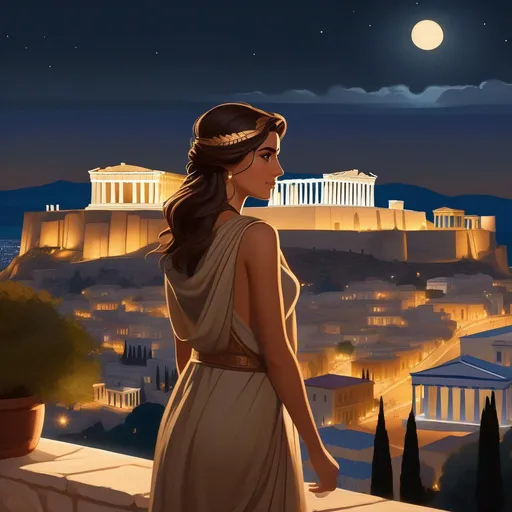 Prompt: Third person, gameplay, Greek girl, olive skin, brown hair, brown eyes, 2020s, Athens at night, Acropolis in the background, warm atmosphere, cartoony style, extremely detailed painting by Greg Rutkowski and by Henry Justice Ford and by Steve Henderson 