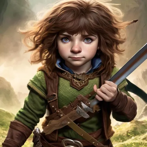 Prompt: young adult halfling female, brown hair, long green and brown, holding a legendary sword, 4k, hyper realistic