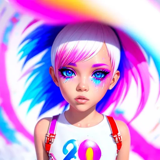 Prompt: a full body colorful stunning, cyber  kid, photorealistic eyes, white short hotpants, dynamic, particulate, elegant, Hyperrealism, highly detailed,  airbrush, acrylic on paper, volumetric lighting, rugged texture, occlusion, smooth, sharp focus, 128K UHD octane render, w more detail, ultra realistic, insane detail, cinematic, Curvaceous Light bending, fuzzy, Extremely detailed high quality, breathtaking, Award winning, highly detailed, wide-angle lens, hyperrealistic, Glowing, launge, edgelord.