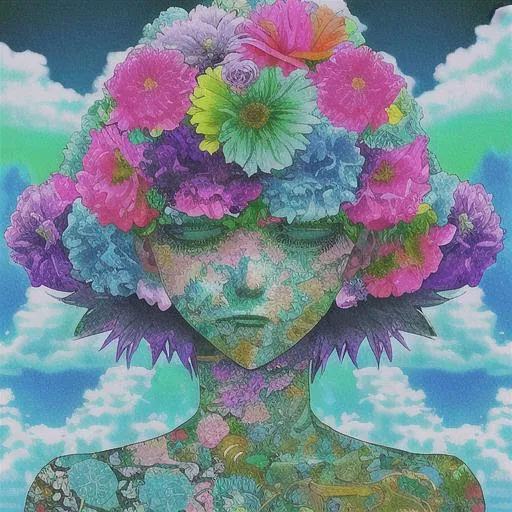 Prompt: Vaporwave, aesthetic, flowers, collage, psychodelic art, 80's colors, clouds, nature, peace, chill, fancy