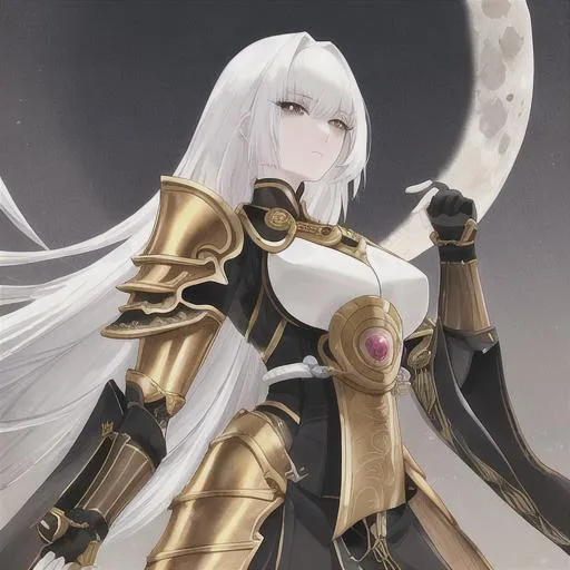 Prompt: White hair,black eyes,golden armor,pretty.high detailed,Japanese ,moon behond person