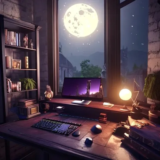 Prompt: Desk setup for a PC gaming streamer during gothic era. It is midnight outside of the window. Show a full moon and stars