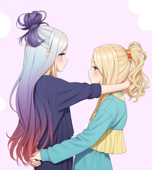 Prompt: ombre hair, carrying best friends, long hair, solo, 12 year old girls, fullbody, ((full body)) {{good looking}} {{cute}} {{good body}} {{tight}}, symmetrically colored hair, {{shadows}},
