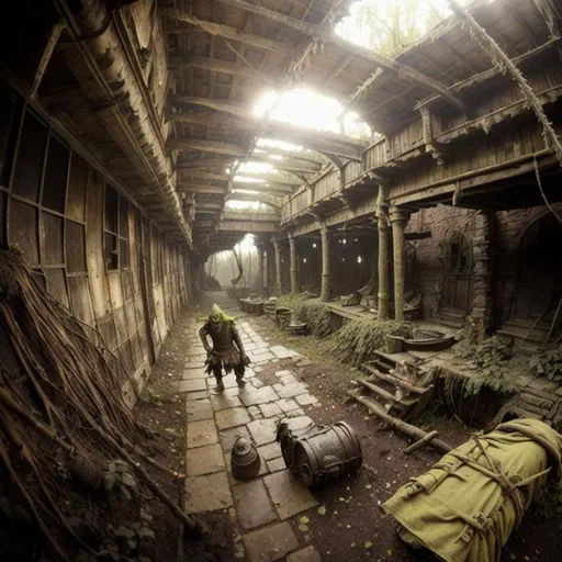 Prompt: dirty, eerie goblins, ragged cloak, belts and pouches, spear,  mossy, decaying, rusty and worn,  intricate detail,  old apocalyptic city wasteland overgrown by oppressive huge forest, vines, plants and roots growing, cracking through walls, 3d render,  high detail, dont show cars,