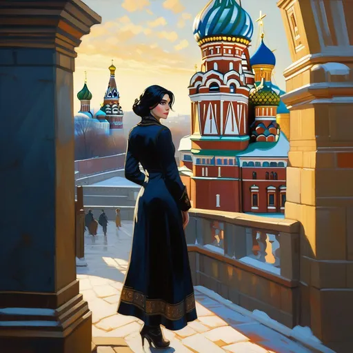 Prompt: Third person, gameplay, Russian girl, pale skin, black hair, freckles, sapphire eyes, 2000s, Moscow, golden atmosphere, cartoony style, extremely detailed painting by Greg Rutkowski and by Henry Justice Ford and by Steve Henderson 