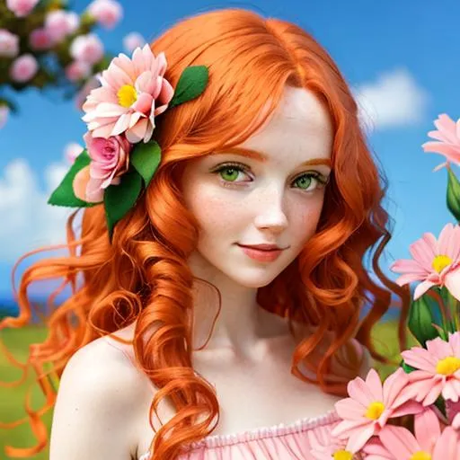 Prompt: Woman with  long, very curly ginger hair, green eyes, wearing a pink head dressing of flowers

