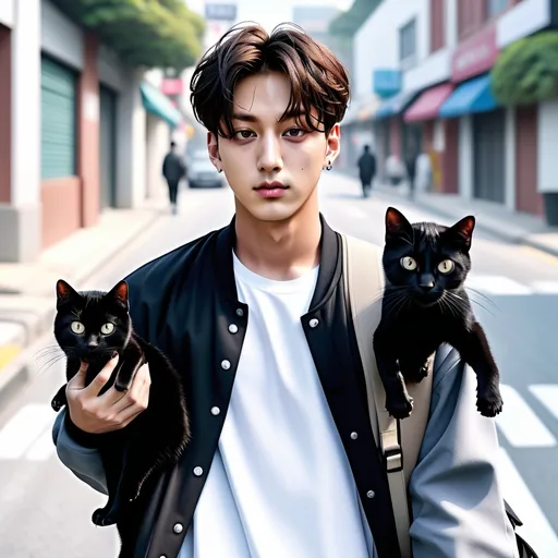 Prompt: Jeon Jungkook walking down the street holding a black cat. Frontal view, 4k realism