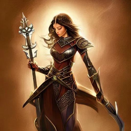 Prompt: Fantasy female carrying a light radiating sword, wearing intricate embossed metal armor with dark brown hair, brown eyes.
Style: Dungeons and Dragons, intricate, elegant, wistful, highly detailed, digital painting, artstation, centred, rule of thirds, concept art, matte, sharp focus, illustration, 