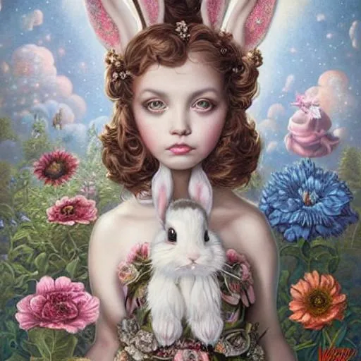 Prompt: A Well-Dressed Bunny by Mark Ryden, Dominic Murphy artwork, and Tom Bagshaw artwork, big dreamy eyes bunny, white and brown and pink dwarf bunny, art by Donato Giancola and James Gurney, digital art, trending on artstation, pop surrealism, lowbrow art, realistic, hyper realism, muted colours, rococo, natalie shau, loreta lux, trevor brown style,