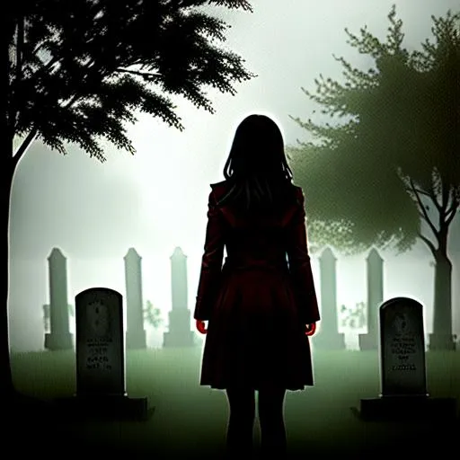 Prompt: A teenage girl in a graveyard, crying, dark rainy skies, in the limbo, Silent Hill inspired.