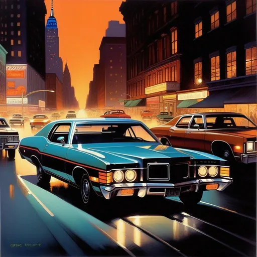 Prompt: 1970s, New York City at night, car chase, warm atmosphere, cartoony style, extremely detailed painting by Greg Rutkowski and by Henry Justice Ford and by Steve Henderson