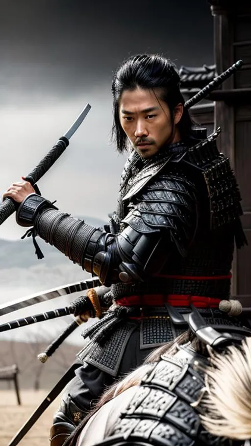 Prompt: Intricately detailed Samurai in Dark grey and Black Colored Samurai Armor, Ronin, Photorealistic, Film Quality, Filmic, Hyperrealistic, Hyperdetailed, Japanese Aesthetic, Beautiful Sword Detail, Striking eyes, Inspired by a young Hiroyuki Sanada, dynamic lighting, Striking, Action pose, Movie Quality, (No Red)