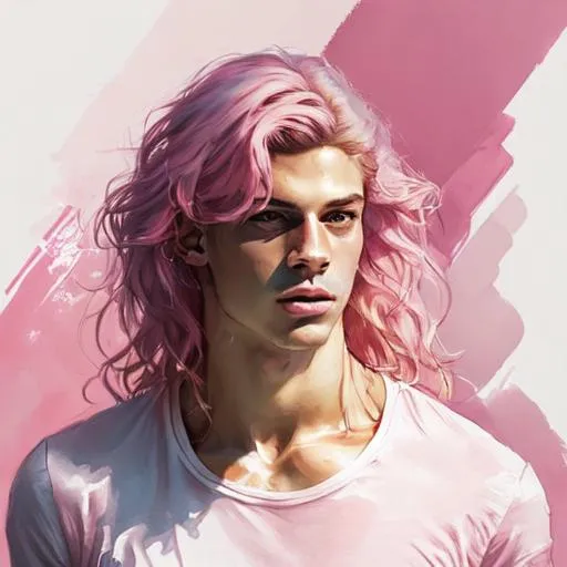 Prompt: male, medium skin color, long pastel hair that is wavy, wearing a pink shirt and white pants, sitting