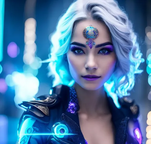 Prompt: Woman  with gray hair and colorful facial tattoos, in the style of futuristic settings, violet and bronze, robotics kids, photorealistic fantasies, schlieren photography, medieval fantasy, close-up shots