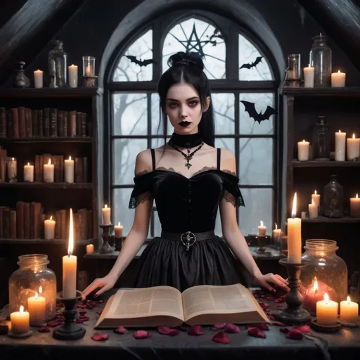 Prompt: An image of slim cute young witch, straight black hair in a high ponytail, has deep brown eyes and pale skin, wearing a gothic black dress with lace and velvet, accented by dark lipstick and a choker. 
An attic filled with flickering candles casting eerie shadows on the walls. Symbols drawn in chalk surround the space, shelves are cluttered with ancient books, crystals, and potion bottles. An altar in the center is adorned with rose petals, herbs, and glittering crystals. The atmosphere is both enchanting and spooky, with a sense of powerful, ancient magic in the air as the witches prepare their conjuration.