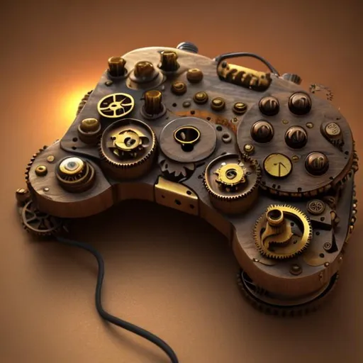 Prompt: steampunk Glubbo controller, wooden, brass, gears, wifi attachment with tubes, large metal buttons, glowing yellow, 3d, concept art, trending on unity, 3D render, shiny
