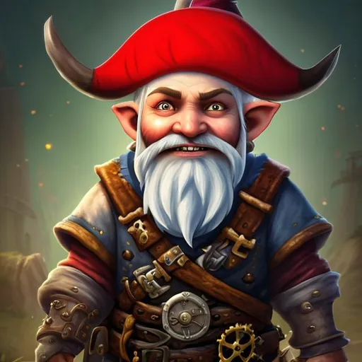 Prompt: Portrait of a male Gnome with a pirate outfit, black pirate tricorn, bald with a long and thin beard, missing teeth, hyperrealistic, steampunk equipment, world of warcraft inspired, 4k, sky background.