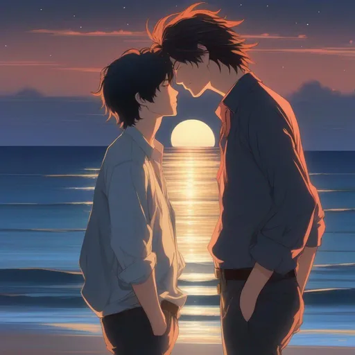 Prompt: Frizzy red-haired man, and black-haired man, kissing in the moonlight, by the sea, man with long hair, makoto shinkai art