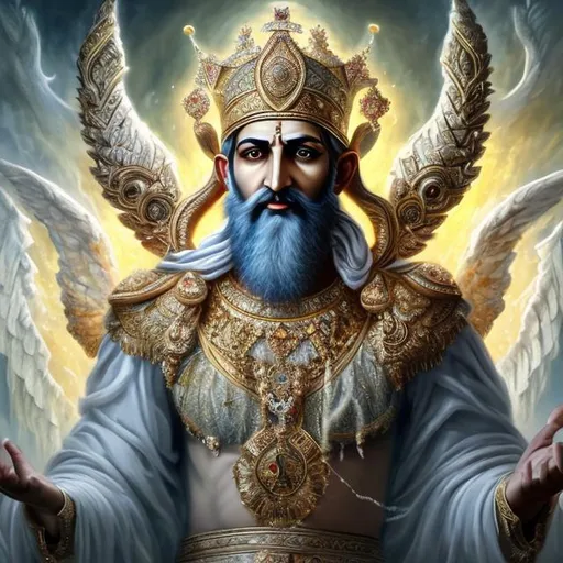 Prompt: High-resolution hyper realistic painting of {iranian peace god} [ram] , uhd, hdr, 64k, epic scene, crown, full body, music, musical, white, silver
