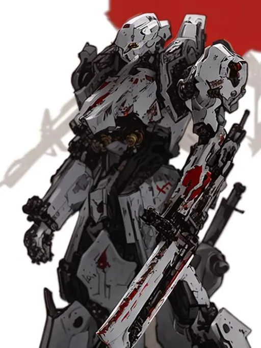 Prompt: A white mecha with complex design with a long sword and a rifle with a ruined city as background