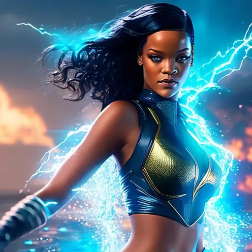 Prompt: Rihanna as a superhero with water powers, HD, Cinematic Scene, Dynamic Lights, Masterpiece, Hyper Realistic, Ultra Detailed, Balanced Glow