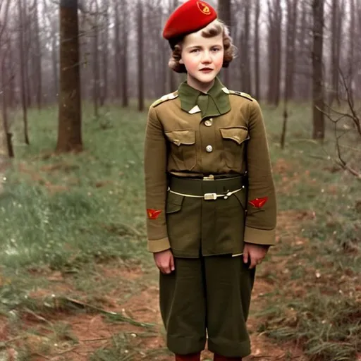 Prompt: color film 1940s photography of young Desiree Nosbusch as a Red Army soldier standing in a wooded forest.