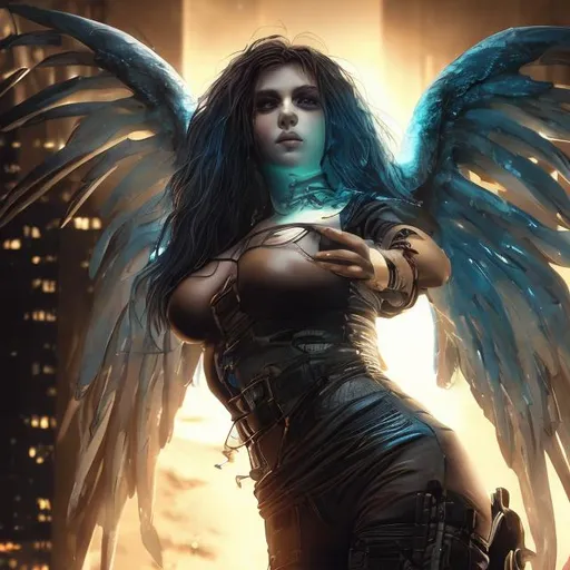 Prompt: cyberpunk angel with curvy body and beautiful eyes against a battlefield background