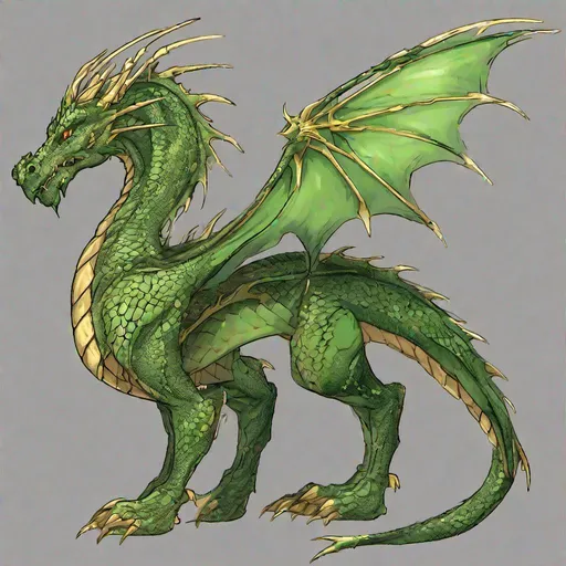 Prompt: Concept designs of a dragon. Full dragon body. Dragon has four legs and a set of wings.  Side view. Coloring in the dragon is predominantly green with golden streaks or details present.