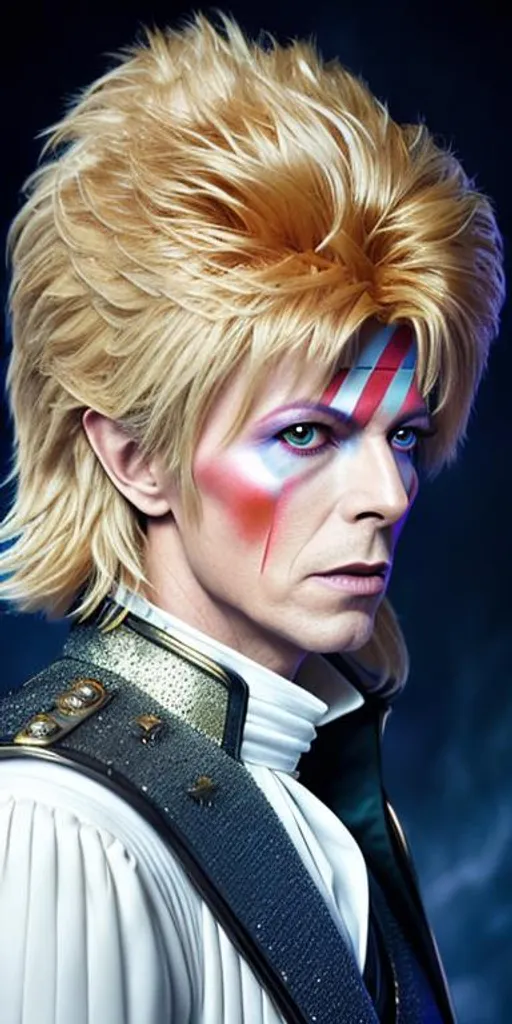 Prompt: Full body portrait  of David Bowie as Jareth from Labyrinth (1986),  50 year old King with mostly blonde hair. Digital art. Masterpiece quality. Hyper detailed. photo realistic, photography, strong, highly detailed, digital painting, artstation, hyperrealistic, sharp focus, illustration, art by artgerm and greg rutkowsk, 8 k