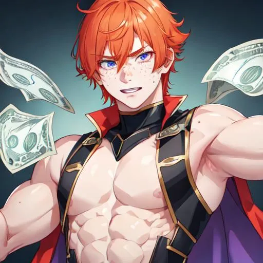 Prompt: Erikku male (short ginger hair, freckles, right eye blue left eye purple) muscular, UHD, 8K, Highly detailed, insane detail, best quality, high quality.  holding dollar bills