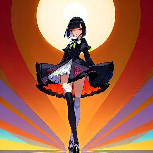 Prompt: a lonely AI boy, very tall, thick thighs, wide hips, long legs, slender arms, slender waist, big beautiful symmetrical eyes, intriguingly beautiful face, aloof expression, bob haircut with bangs, wearing Tribal-Lolita fashion clothes, high fashion, 12K resolution, hyper quality, hyper-detailed, hyper-realistic, hyper-professional