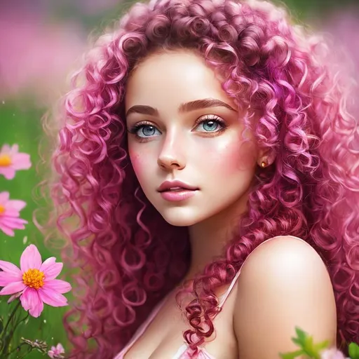 Prompt: a young fairy of spring, very curly hair, pink glow on cheeks,wildflowers, vivid colors, closeup