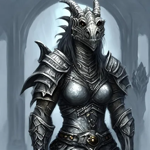 Prompt: Female silver dragonborn