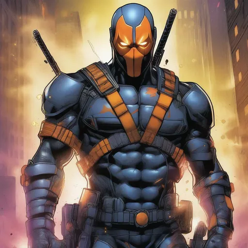 Prompt: A striking portrayal of Gerard Butler as Deathstroke, his battle-hardened face partially illuminated by the glow of neon lights. His mask is raised, revealing his stern expression and rugged features. He holds two sleek, customized handguns, their barrels emitting faint tendrils of smoke after a fierce firefight.
 illustrated in color  by Grant Morrison 