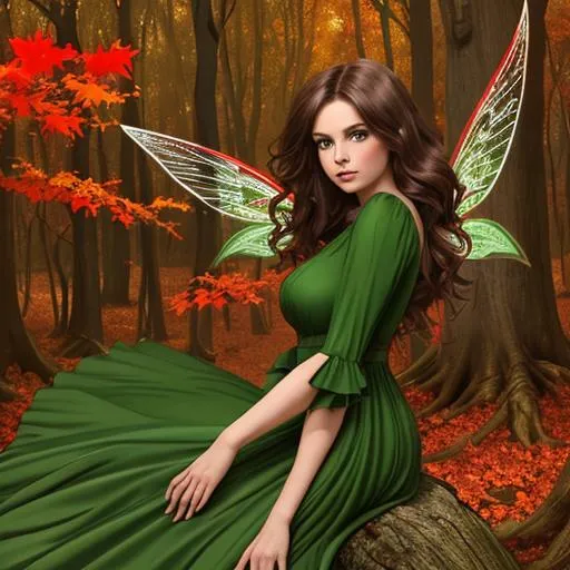 Prompt: brunette fairy woman, red wings, green dress, Autumn woods background 