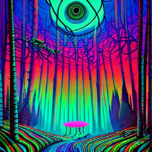 Prompt: Hypnotic illustration of a forest, hypnotic psychedelic art by Dan Mumford, pop surrealism, dark glow neon paint, mystical, Behance