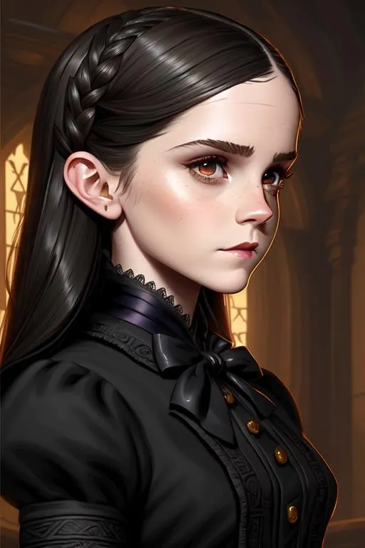 Prompt: ((Masterpiece)), Emma Watson as Wednesday Addams, tied hair, stylized , d & d, fantasy, intricate, elegant, highly detailed, digital painting, artstation, concept art, matte, sharp focus, illustration, hearthstone, art by artgerm and greg rutkowski and alphonse mucha, 8k, HDR, UHD,  <lora:epiNoiseoffset_v2:0.8>